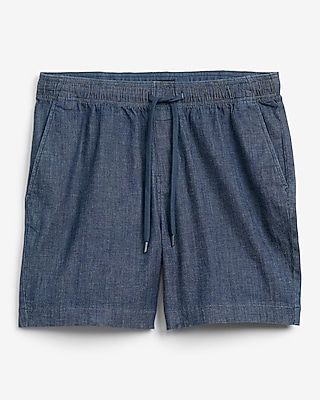 6" Chambray Cotton Stretch Drawstring Elastic Waist Shorts