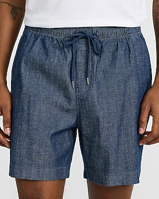6" Chambray Cotton Stretch Drawstring Elastic Waist Shorts