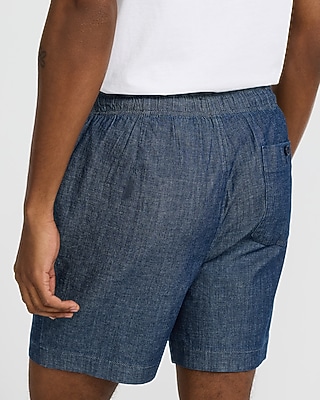 6" Chambray Cotton Stretch Drawstring Elastic Waist Shorts