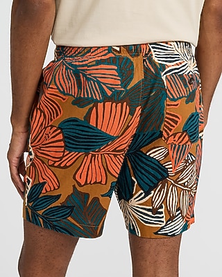 6" Slim Bright Floral Linen-Blend Drawstring Elastic Waist Short