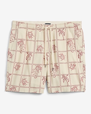 6" Slim Tropical Patchwork Linen-Blend Drawstring Elastic Waist Short