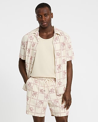 6" Slim Tropical Patchwork Linen-Blend Drawstring Elastic Waist Short