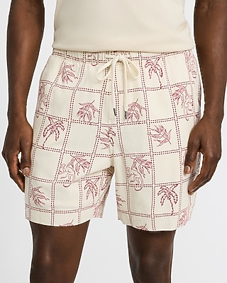 6" Slim Tropical Patchwork Linen-Blend Drawstring Elastic Waist Short