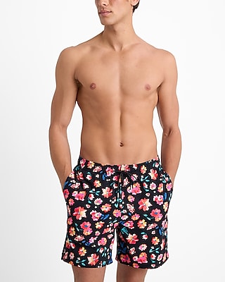 6" floral elastic waist swim trunks