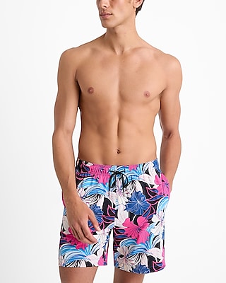 6" abstract floral elastic waist swim trunks