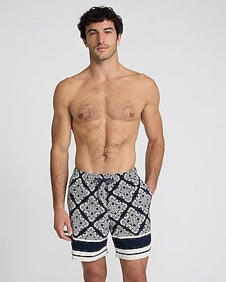 6" Bordered Printed Elastic Waist Swim Trunks