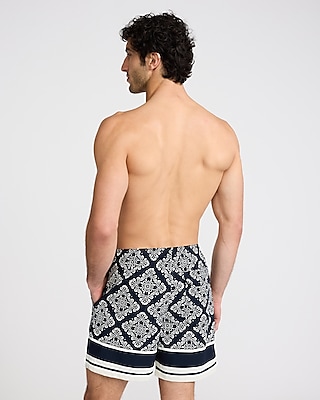 6" Bordered Printed Elastic Waist Swim Trunks