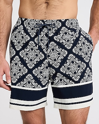 6" Bordered Printed Elastic Waist Swim Trunks
