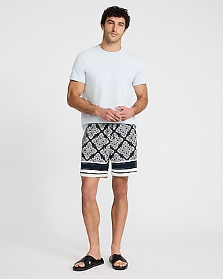 6" Bordered Printed Elastic Waist Swim Trunks