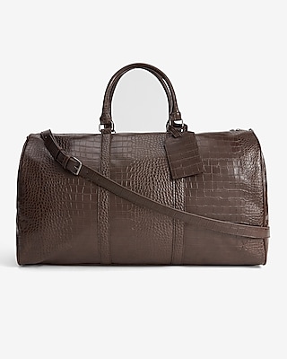 Brown Faux Leather Croc Duffle Bag