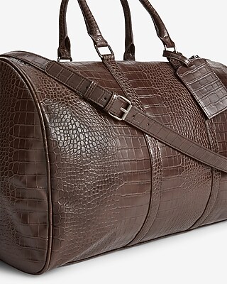 Brown Faux Leather Croc Duffle Bag
