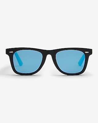 A pair of black sunglasses with blue lenses