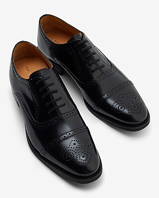 Black Leather Brogue Cap Toe Dress Shoes | Express