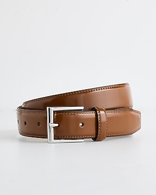 Polished Cognac Silver Square Buckle Belt
