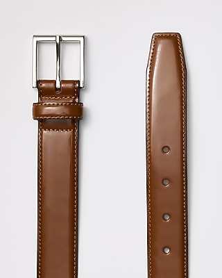 Polished Cognac Silver Square Buckle Belt