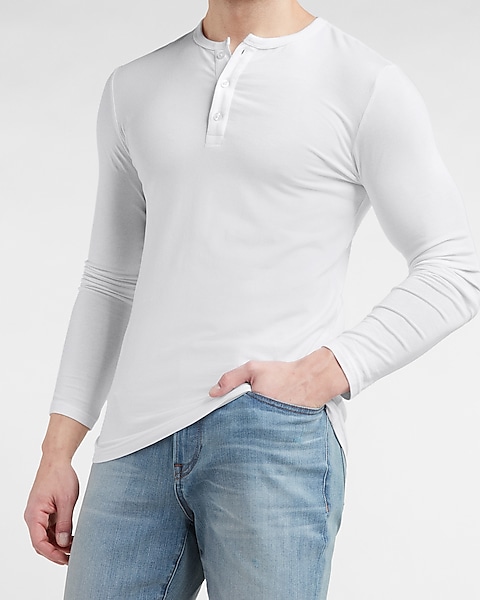 Mens Henley Grandad Collar Cotton T-Shirts Comfortable Long Sleeve Tee Shirts Tops S-XXL