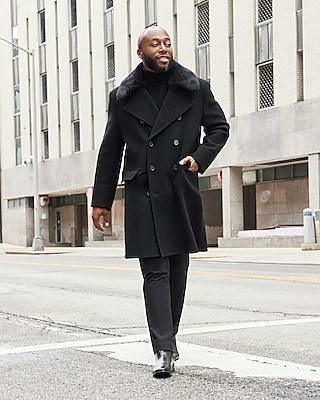 Topcoat - Manzini Mens Black Fur Collar Wool Overcoat Belted