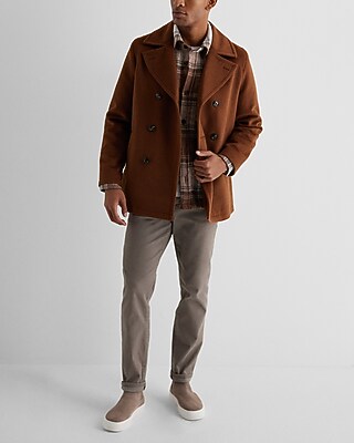 Brown Double Breasted Wool-Blend Peacoat