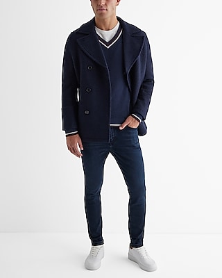 Navy Double Breasted Textured Boucle Wool-Blend Peacoat