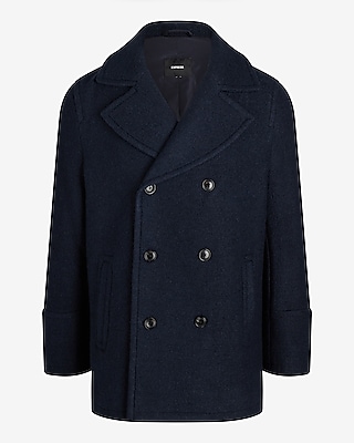 Navy Double Breasted Textured Boucle Wool-Blend Peacoat