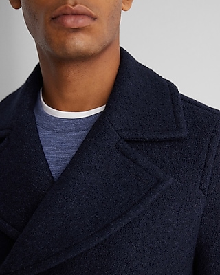 Navy Double Breasted Textured Boucle Wool-Blend Peacoat