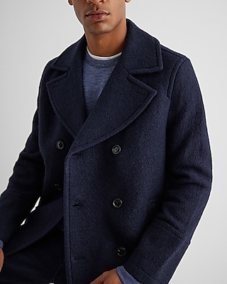 Navy Double Breasted Textured Boucle Wool-Blend Peacoat