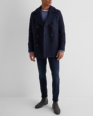 Navy Double Breasted Textured Boucle Wool-Blend Peacoat