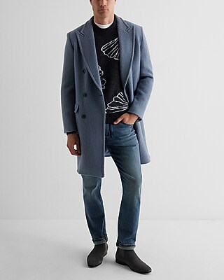 Dusty Blue Double Breasted Textured Boucle Topcoat