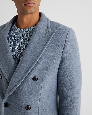 Dusty Blue Double Breasted Textured Boucle Topcoat