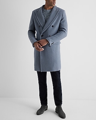Dusty Blue Double Breasted Textured Boucle Topcoat