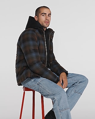 Plaid Wool-Blend Flannel Puffer Coat