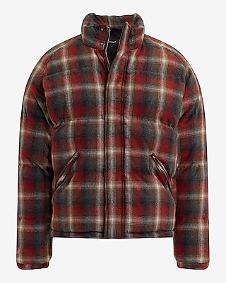 Plaid Wool-Blend Flannel Puffer Coat