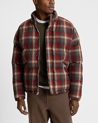 Plaid Wool-Blend Flannel Puffer Coat