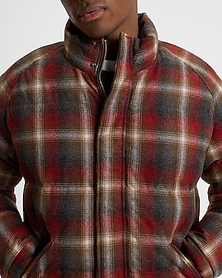 Plaid Wool-Blend Flannel Puffer Coat