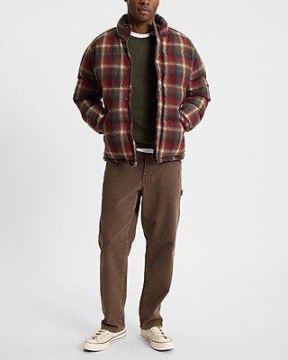 Plaid Wool-Blend Flannel Puffer Coat