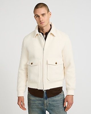 Ivory Boucle Double Pocket Bomber Jacket