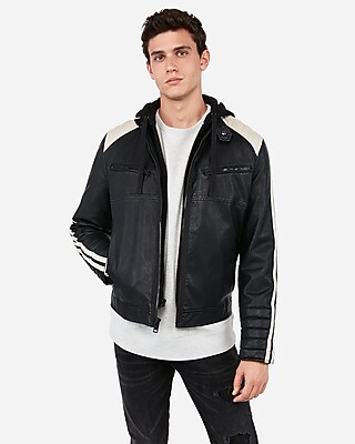 Vegan Leather Color Block Stripe Bomber Jacket