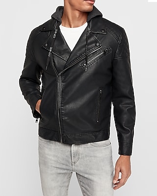 black hooded faux leather biker jacket