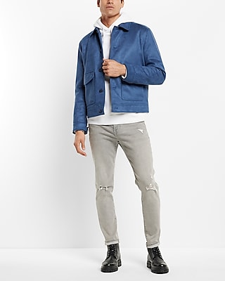 Blue Faux Suede Bomber Jacket