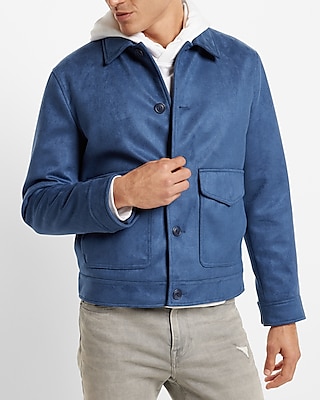 Blue Faux Suede Bomber Jacket