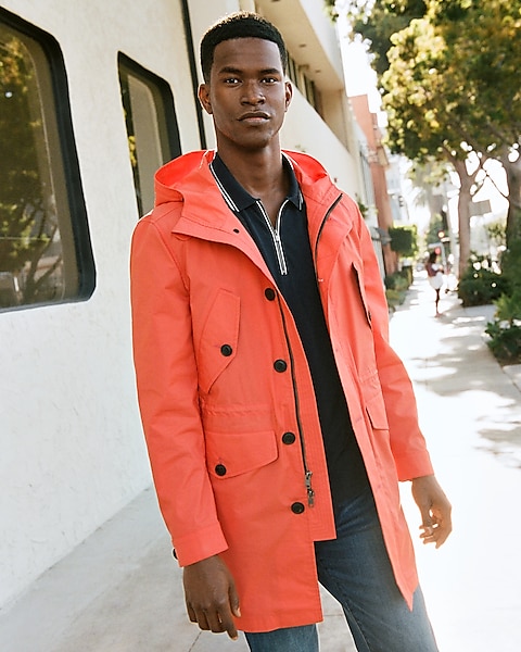 Orange Water Resistant Hooded Trench, Trench Coat Water Resistant