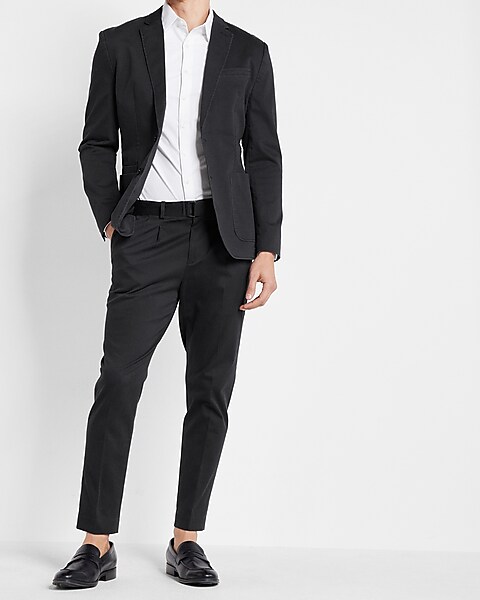 Slim Solid Black Belted Cotton Hyper Stretch Cropped Suit Pant