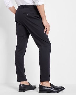 Slim Solid Black Belted Cotton Hyper Stretch Cropped Suit Pant