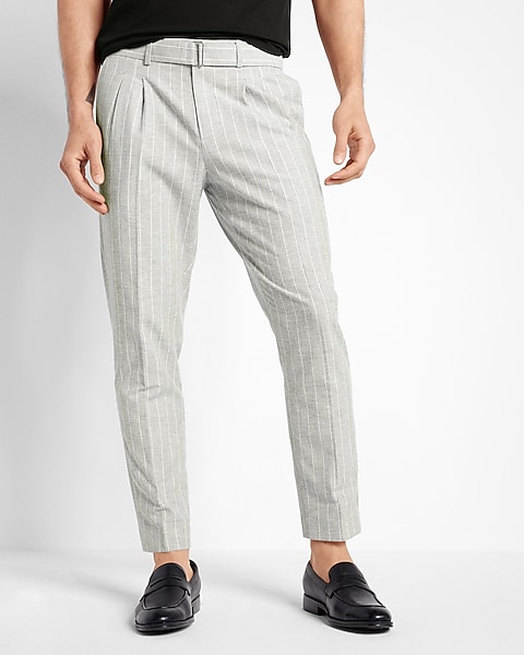 Slim Gray Striped Belted Dress Pant