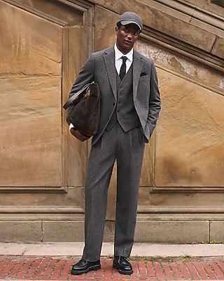 Relaxed Charcoal Herringbone Wool-blend Pleated Suit Pant | Express