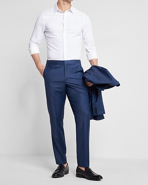 Slim Solid Blue Wool-blend Hybrid Elastic Waist Suit Pant