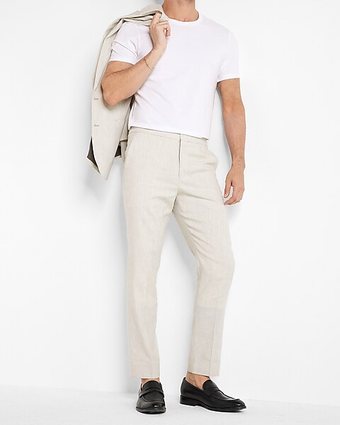 Express Men, Extra Slim White Striped Hybrid Elastic Waist Linen-Blend  Suit Pant in