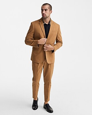 Slim Solid Camel Belted Hyper Stretch Cropped Suit Pant Express