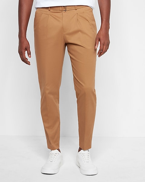 Slim Solid Camel Belted Hyper Stretch Cropped Suit Pant