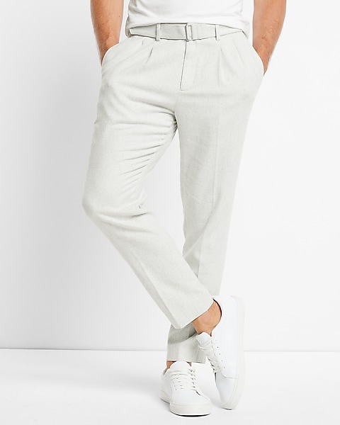 Slim Solid White Belted Cotton Twill Cropped Suit Pant